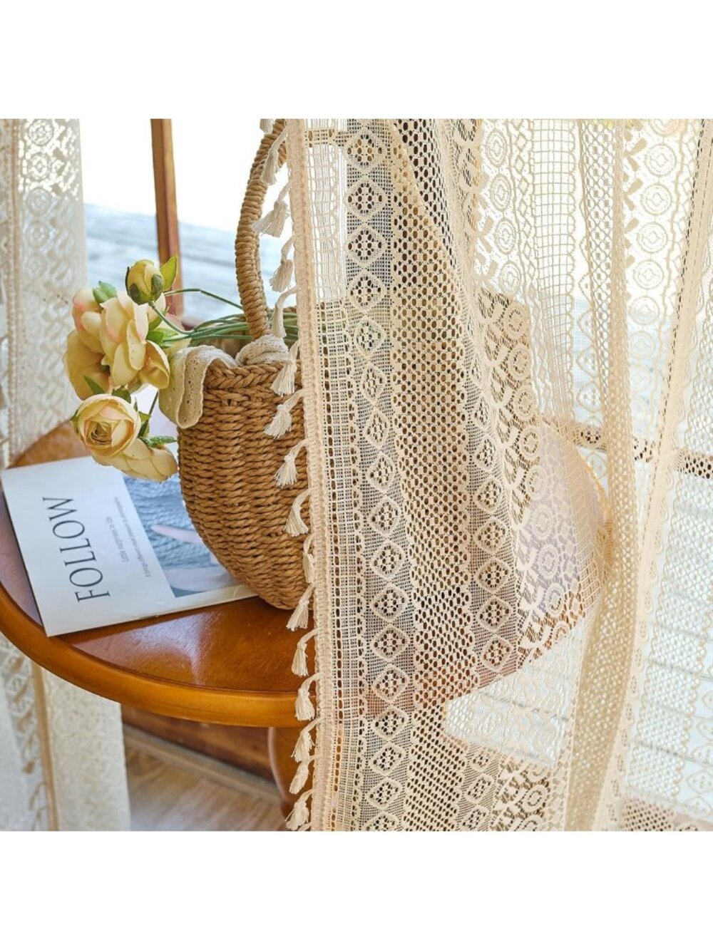 Boho Crochet Lace Curtains with Tassels, Semi-Sheer Vintage Drapes, 63" Length